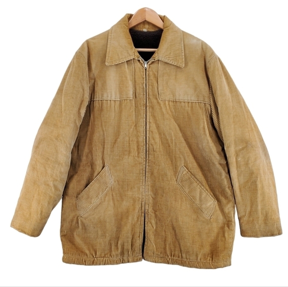 Source Unknown Other - Vtg Jacket Coat Mens 44 Tan Corduroy Faux Fur Lined Zip Up Quilted Sleeves